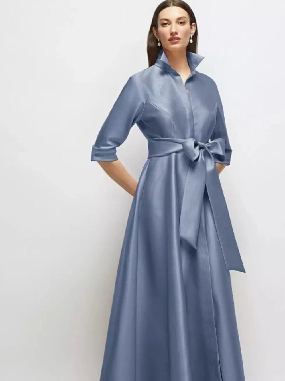Dessy Group After Six 3/4 Sleeve Satin Shirt Dress Gown with Sash 6920 Lark